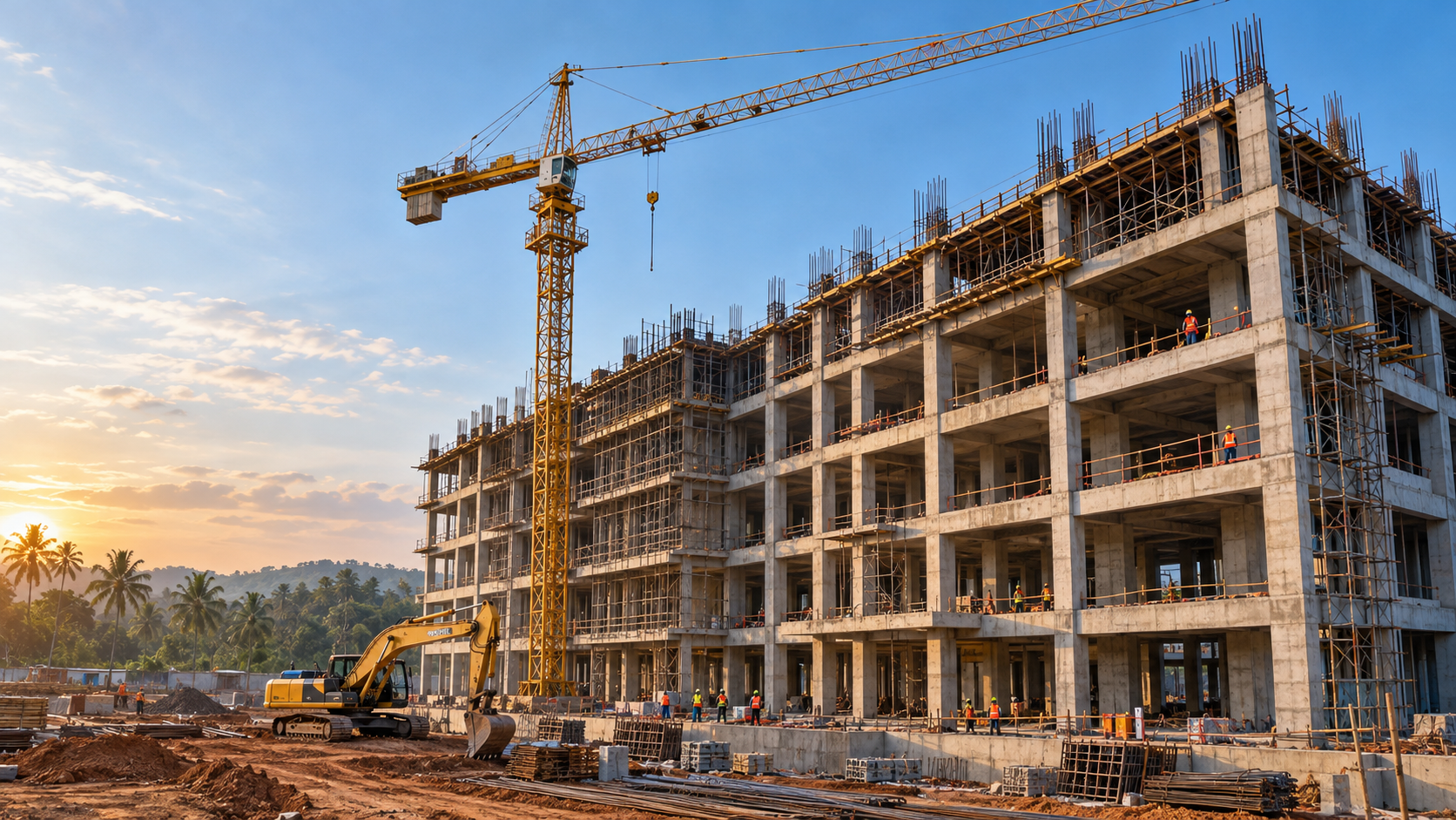 Illustrative building construction site with a tower crane, concrete structure, and excavator